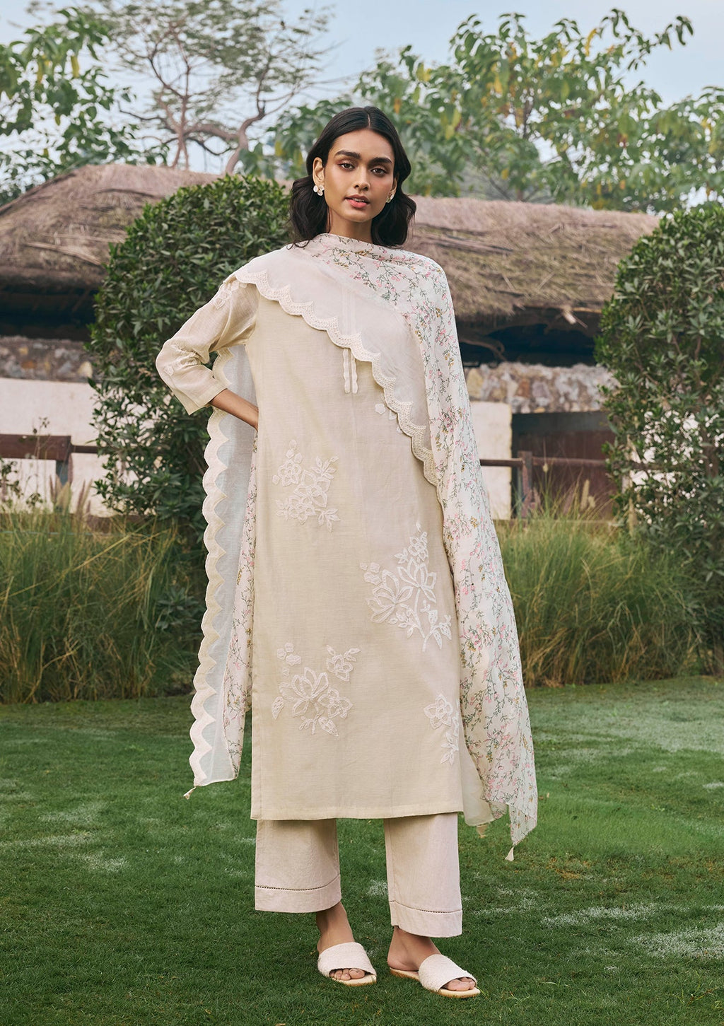 Ecru Floral Kurta Set