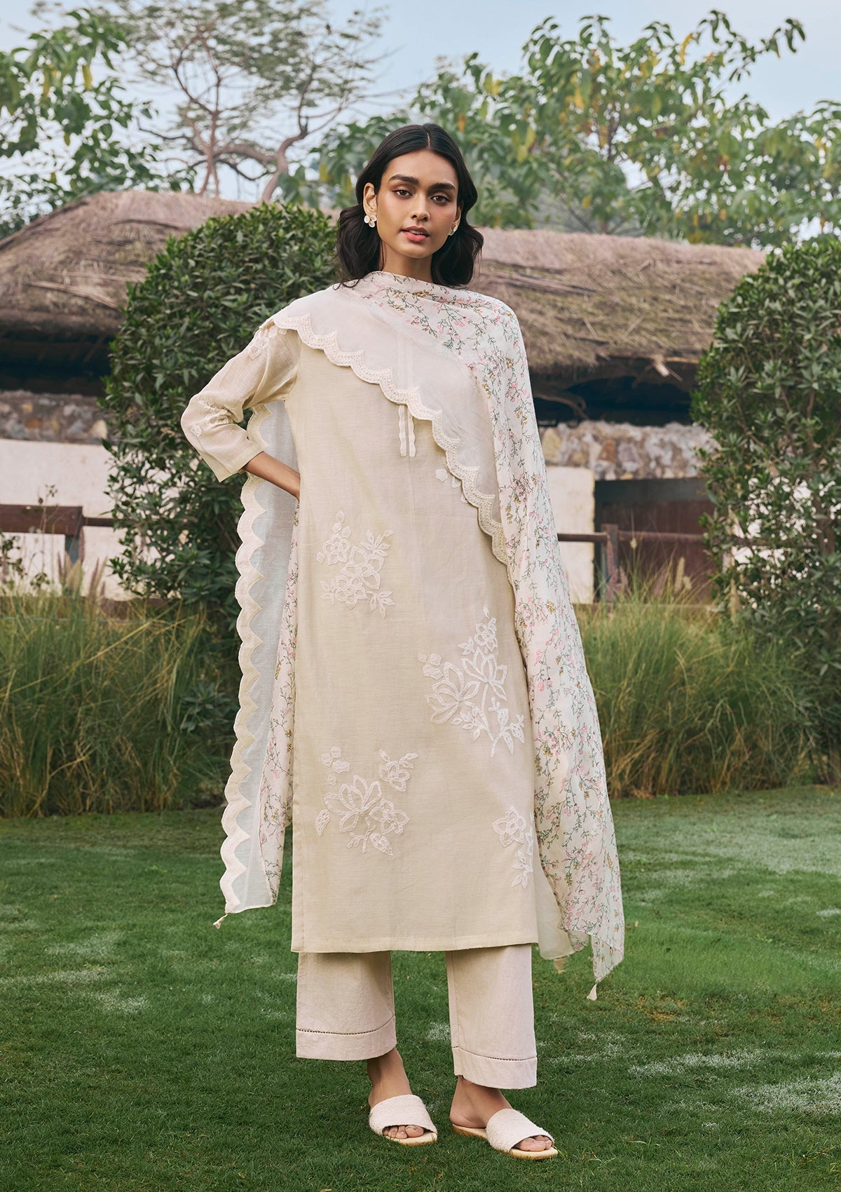 Ecru Floral Kurta Set