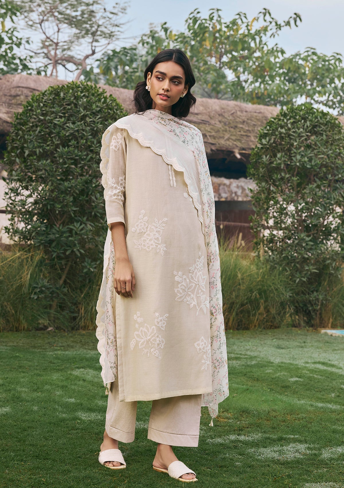 Ecru Floral Kurta Set