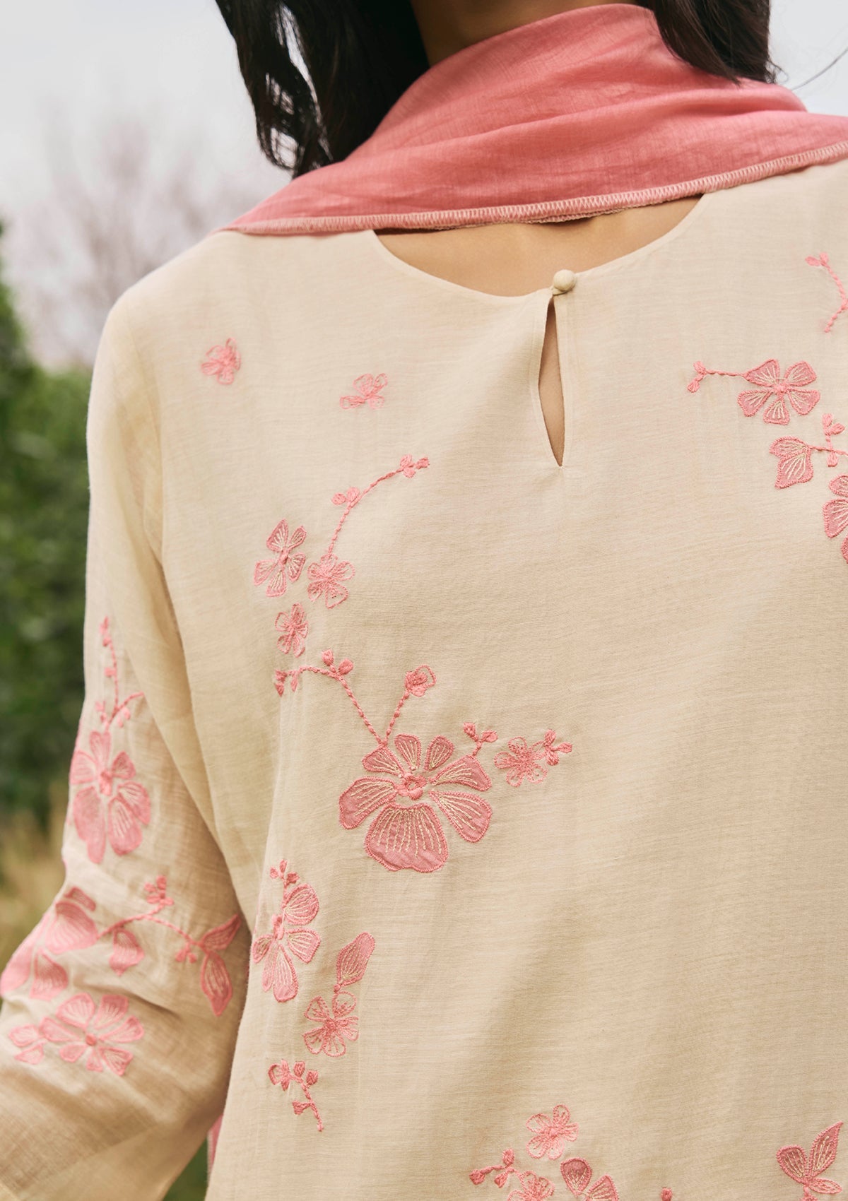 Ecru  Floral Applique Kurta Set