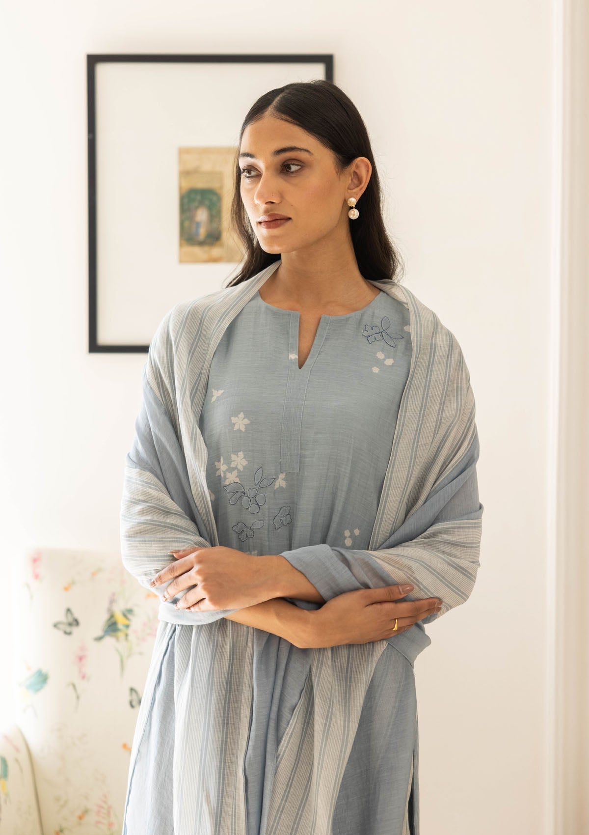 Powder Blue Floral Kurta Set