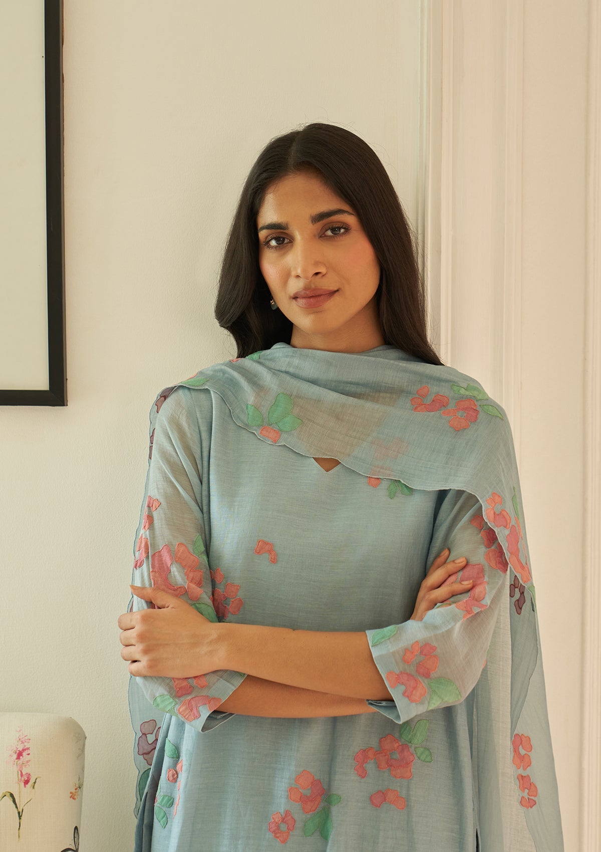 Sky Floral Applique Kurta Set