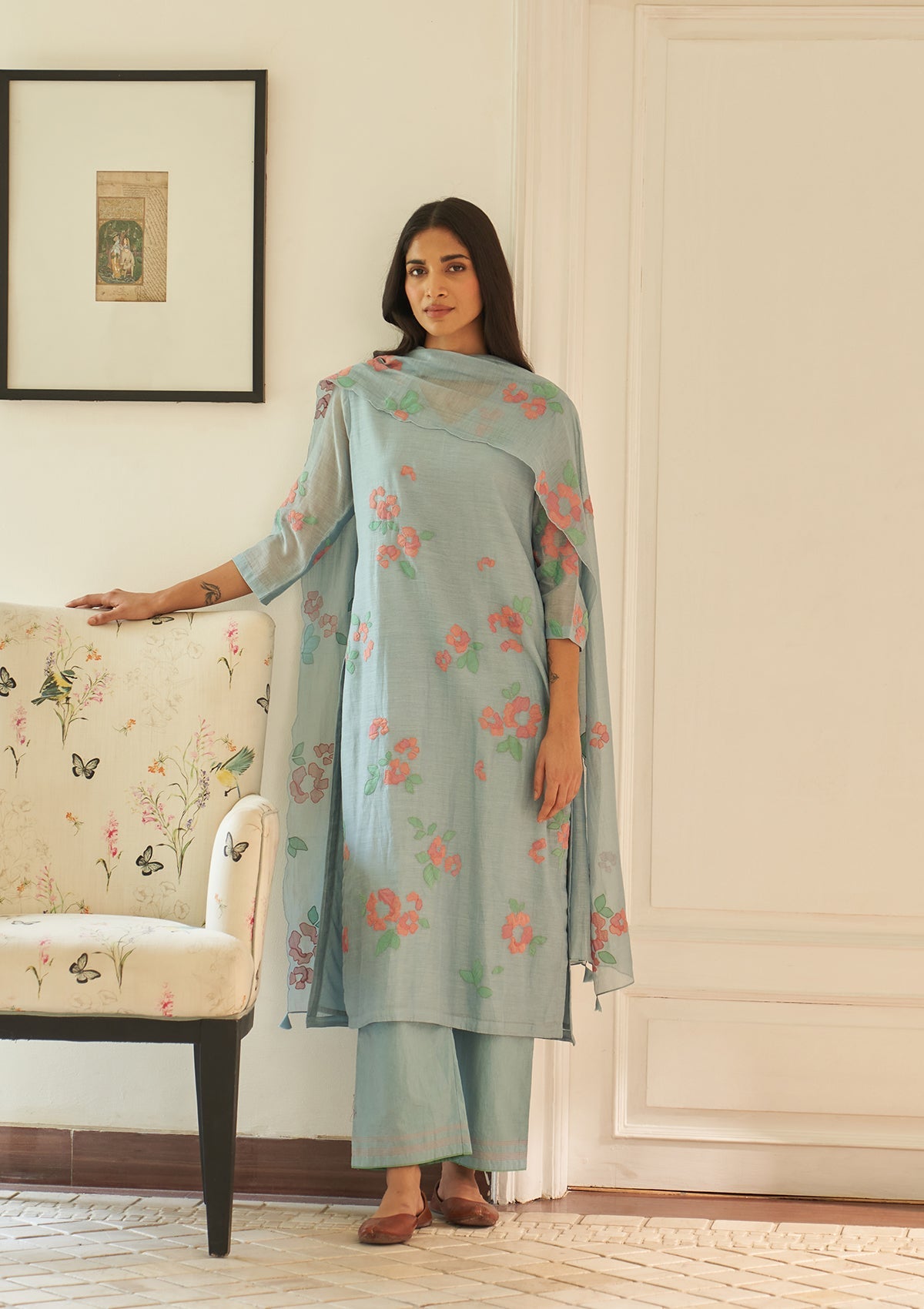 Sky Floral Applique Kurta Set