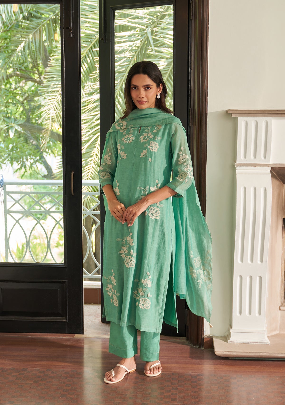 Mint Applique Embroidered Kurta Set