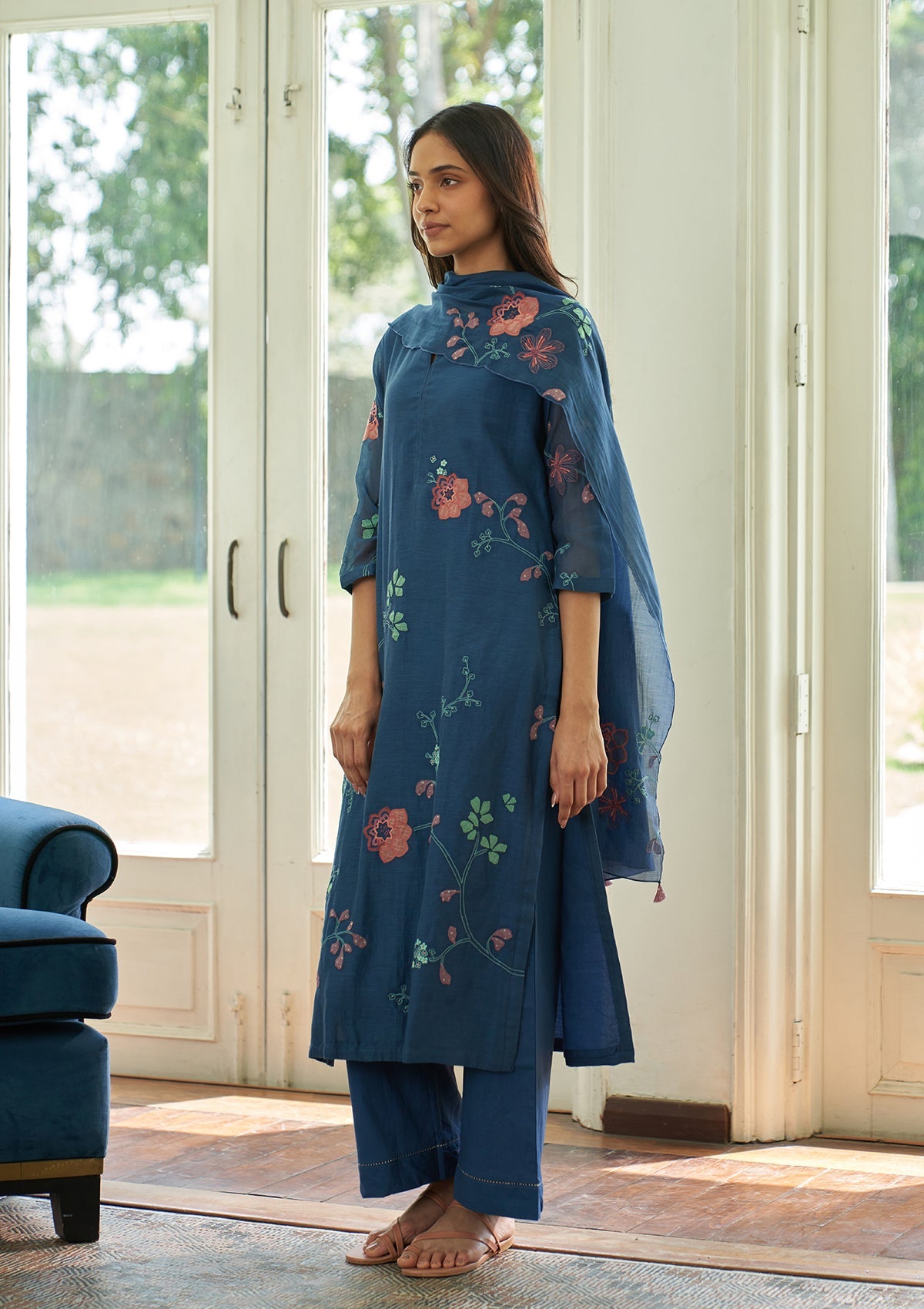 Ocean Blue Floral Applique  Kurta Set