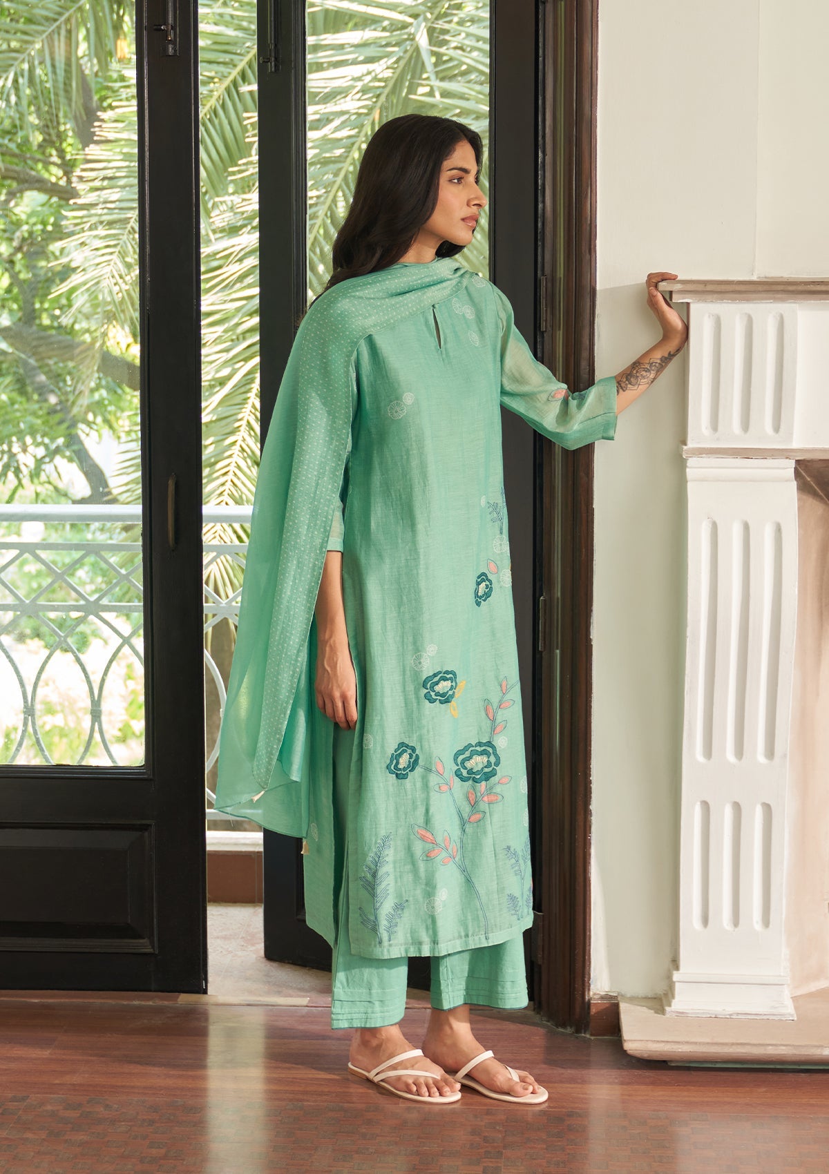 Mint Floral Embroidered Kurta Set