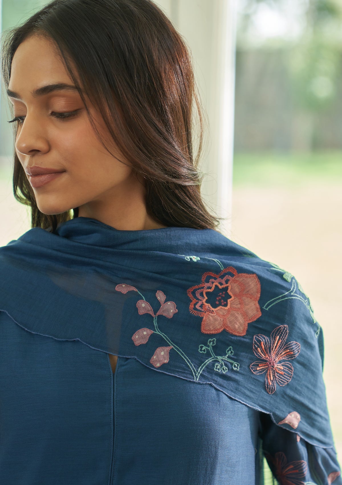 Ocean Blue Floral Applique  Kurta Set